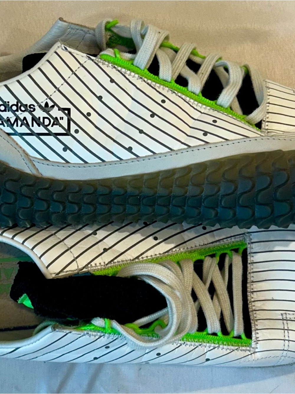adidas mens Kamanda White Sneakers with Black and Neon Green Accents